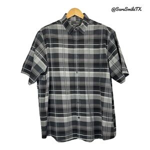 CLAIBORNE Stretch Black & Gray Plaid Short Sleeve Button Down Shirt
